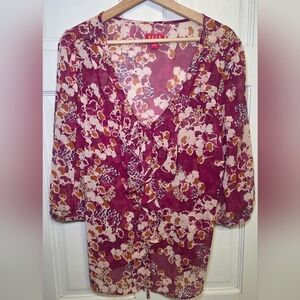 Elle Semi Sheer Floral Blouse Shirt Top with Adjustable Tieback- Size 1X